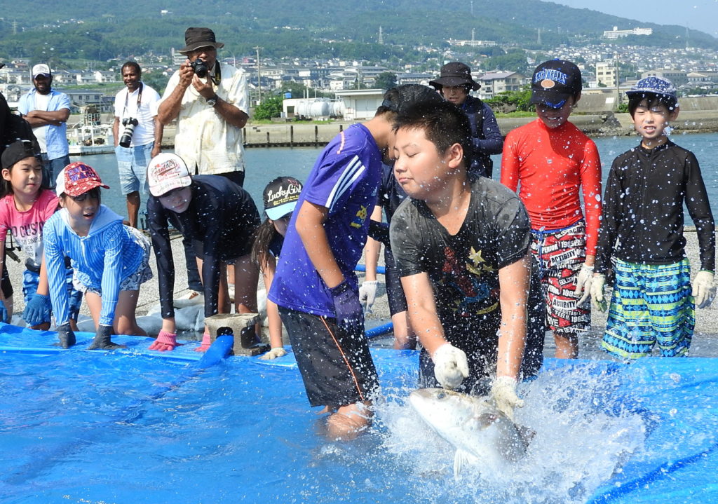 キャンプで魚つかみ取り 日出の豊岡と玖珠の森地区交流 今日新聞